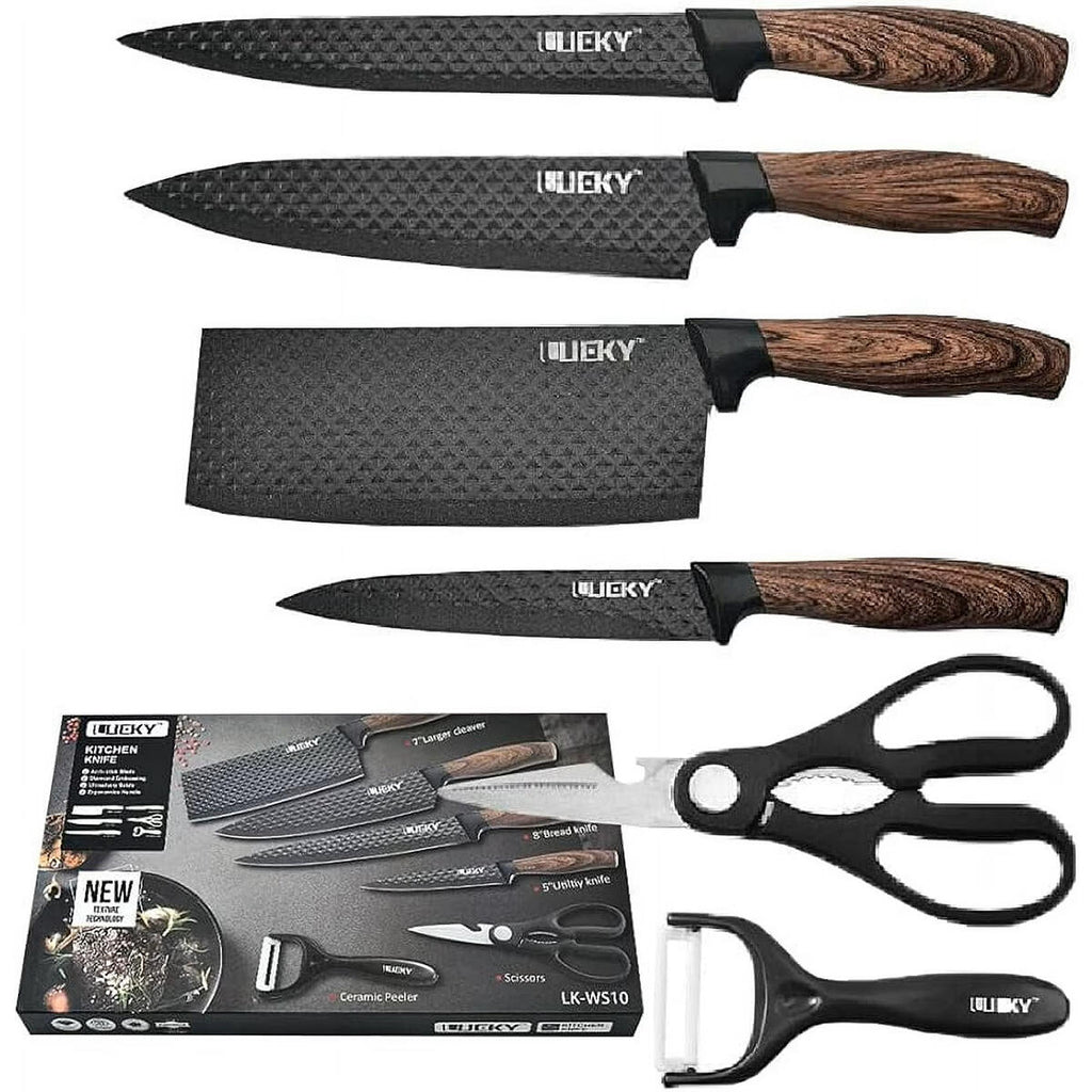 Juego de cuchillos de cocina 6 piezas con pelador y tijeras – Accesorios de cocina negro afilado