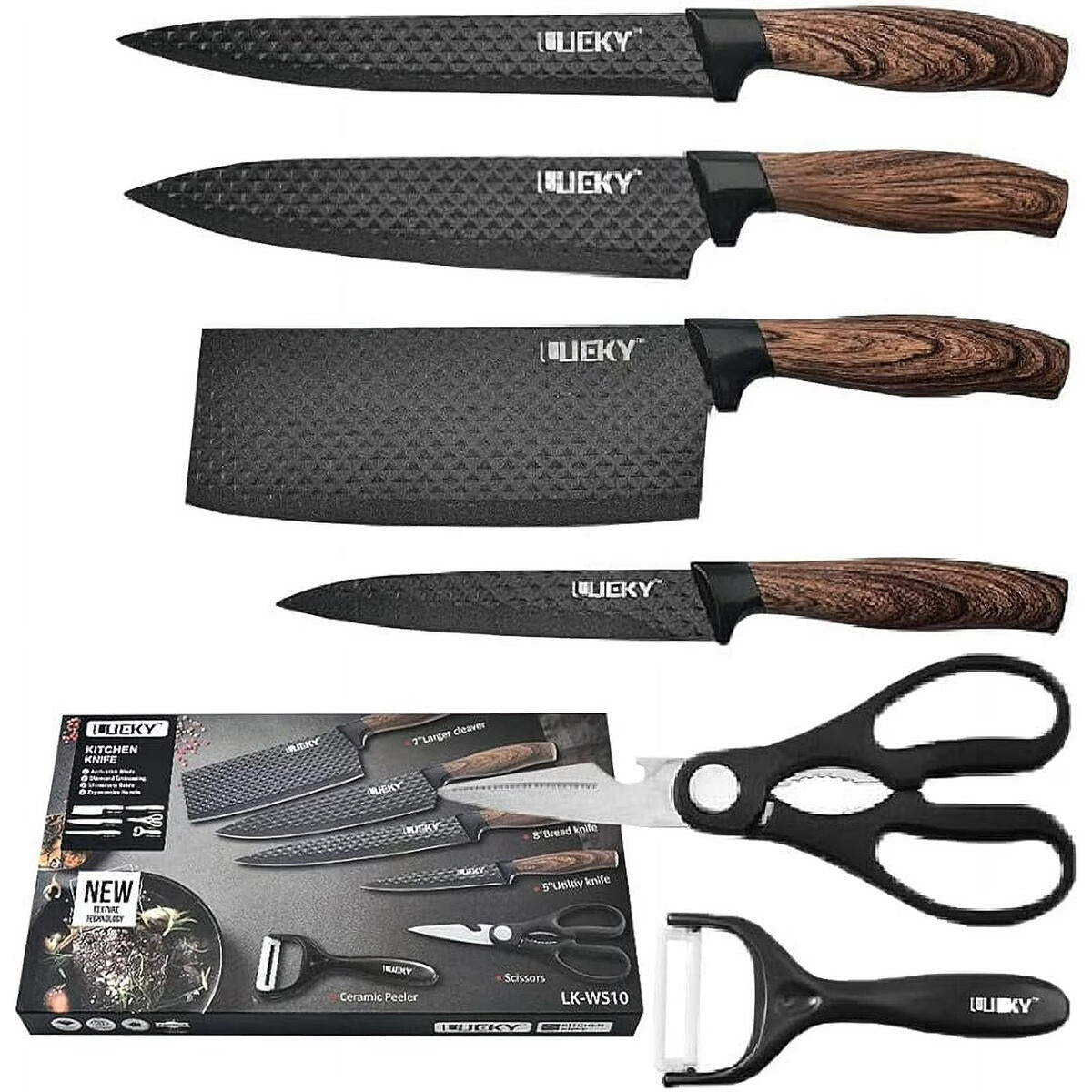 Juego de cuchillos de cocina 6 piezas con pelador y tijeras – Accesorios de cocina negro afilado
