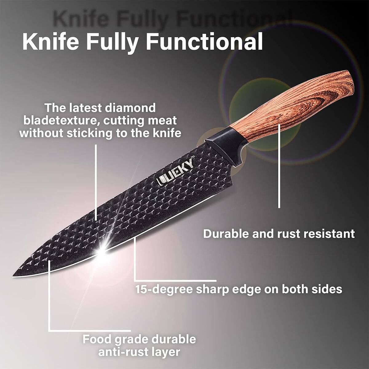 Juego de cuchillos de cocina 6 piezas con pelador y tijeras – Accesorios de cocina negro afilado