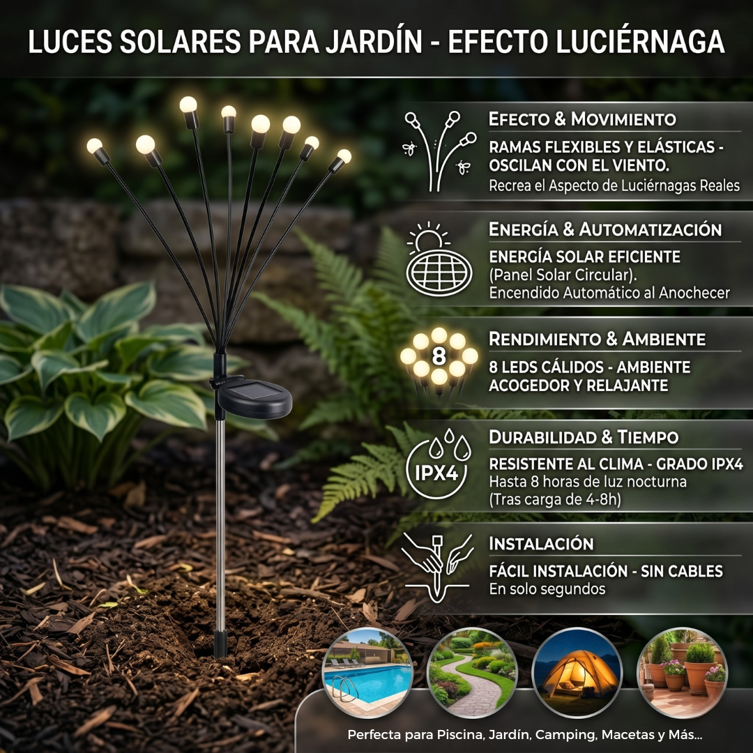 Luces Solares con Efecto Luciérnaga, Movimiento Orgánico y Resistencia IPX4 para tu Hogar.