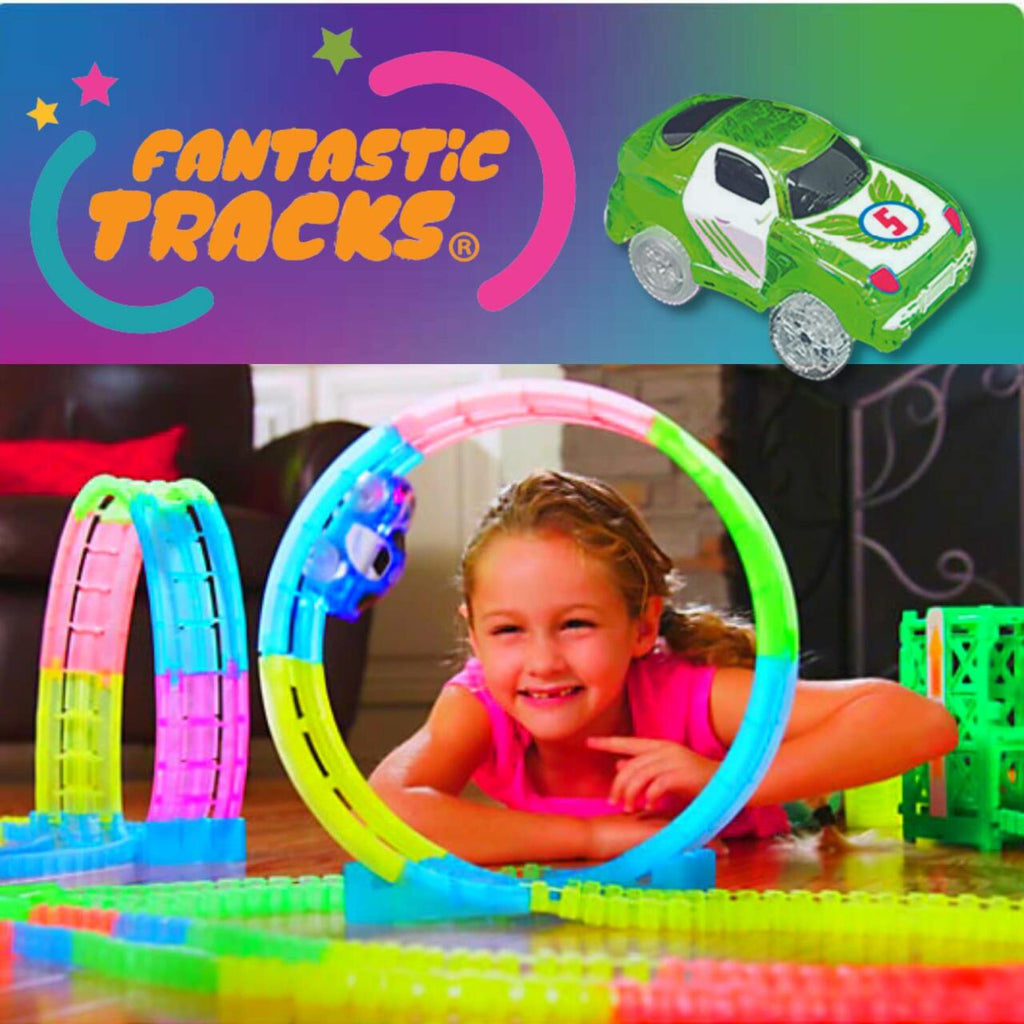 Set de cochecitos y pista de carreras moldeable que brilla en la oscuridad