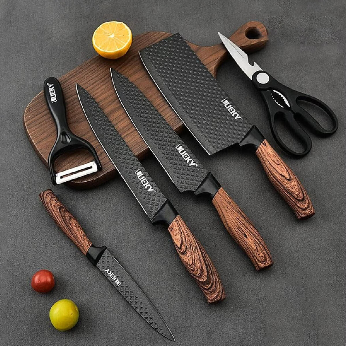 Juego de cuchillos de cocina 6 piezas con pelador y tijeras – Accesorios de cocina negro afilado