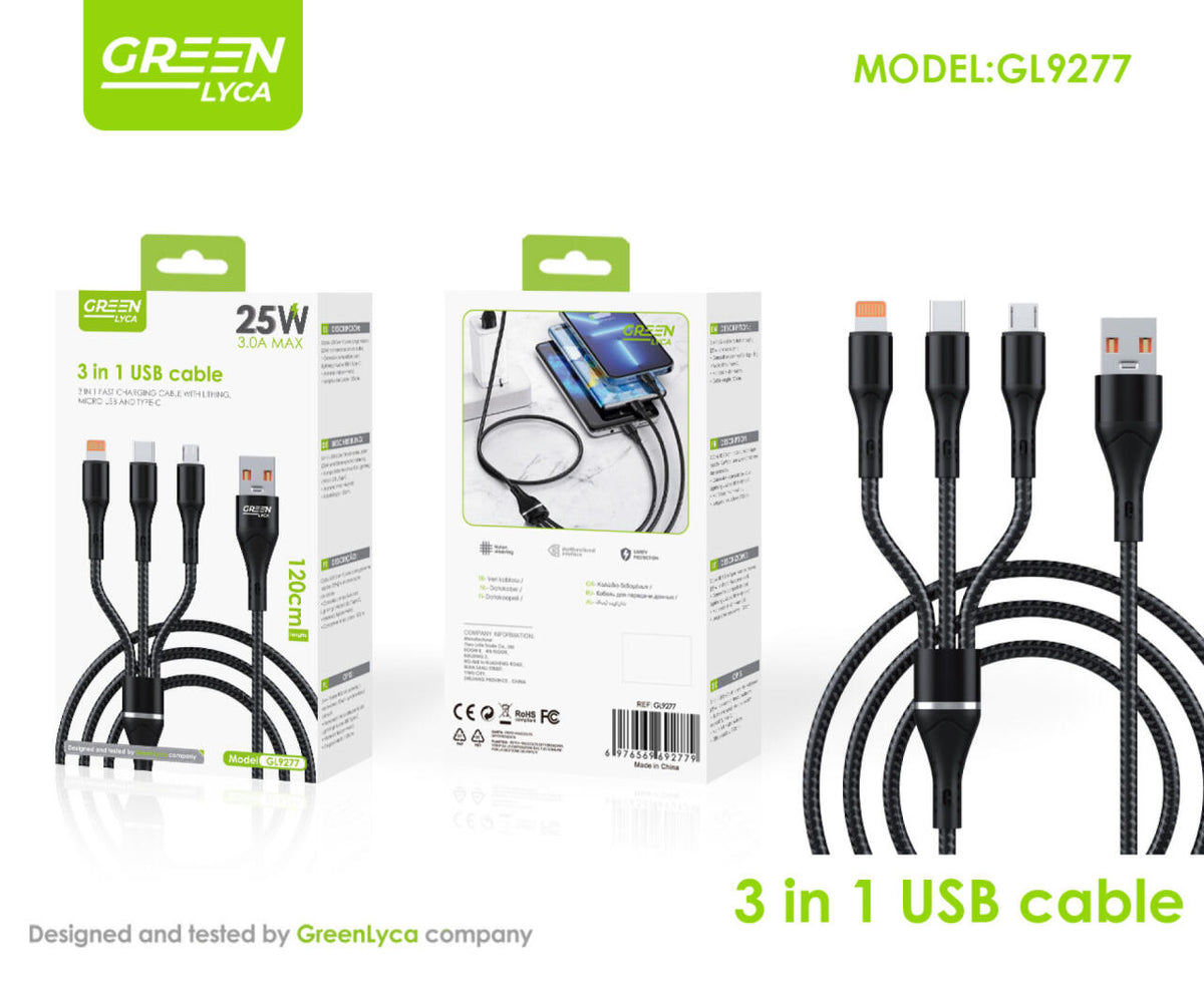 Cable USB 3 en 1 de carga rapida 25 W, lithing/microUBS/tipo-C, sincronizacion de datos, Green Lyca gl9277