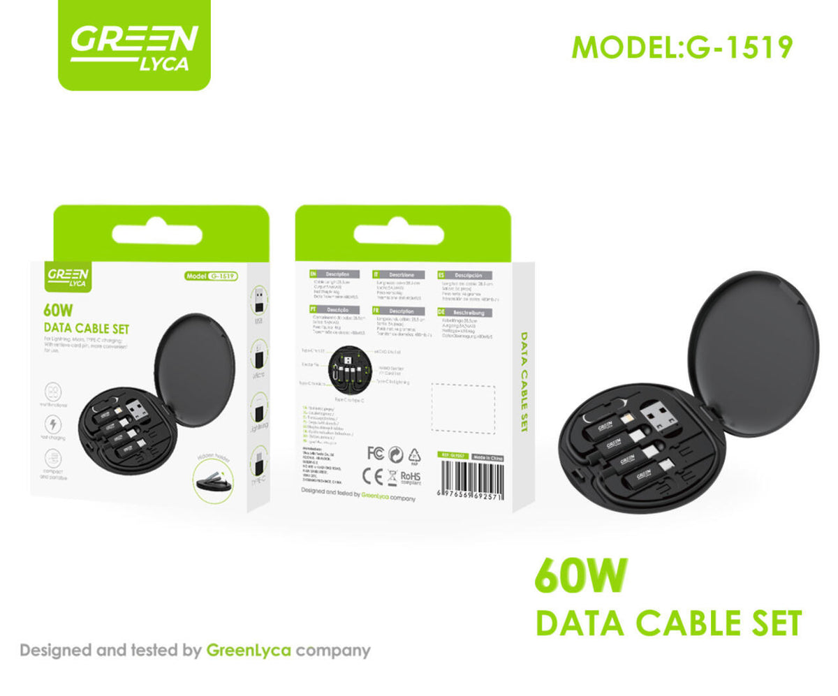 Set de cable de datos, 5 A, 480 Mbs, Tipo-C/MicroUBS/USB/Lightning. Green Lyca G-1519
