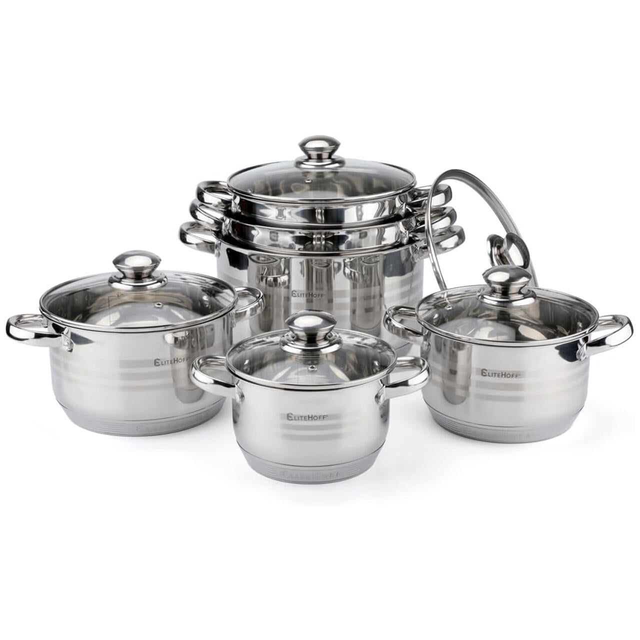 Batería de Cocina Ollas 12 Piezas en Acero Inoxidable con Tapas Apta para Todo Tipo de Cocinas