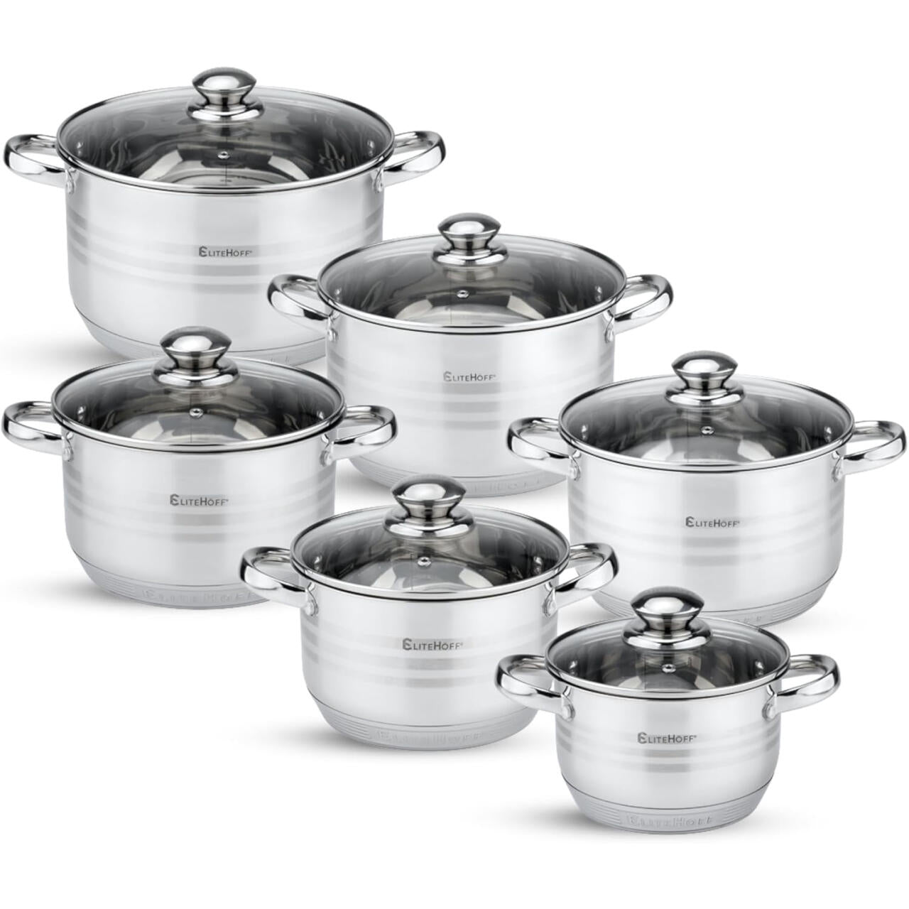Batería de Cocina Ollas 12 Piezas en Acero Inoxidable con Tapas Apta para Todo Tipo de Cocinas