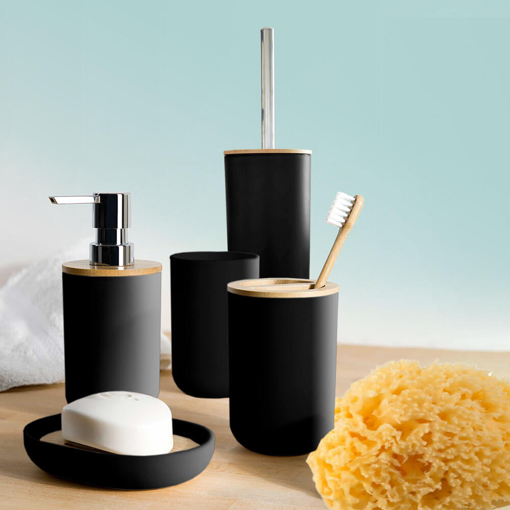 Set de Baño Set de Inodoro 5 Piezas Dispensador de Jabón, Portacepillos de Dientes, Cepillo de Baño, Jabonera & Vaso - Bambú