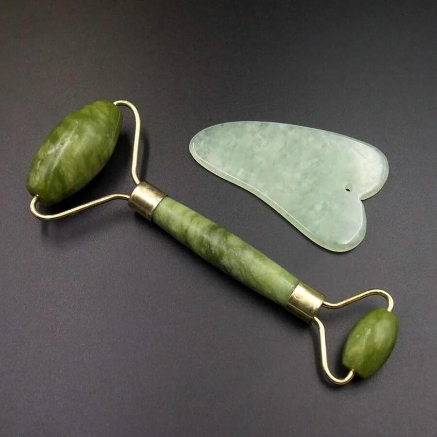 Masajeador Facial. Rodillo de Jade y Piedra Gua Sha