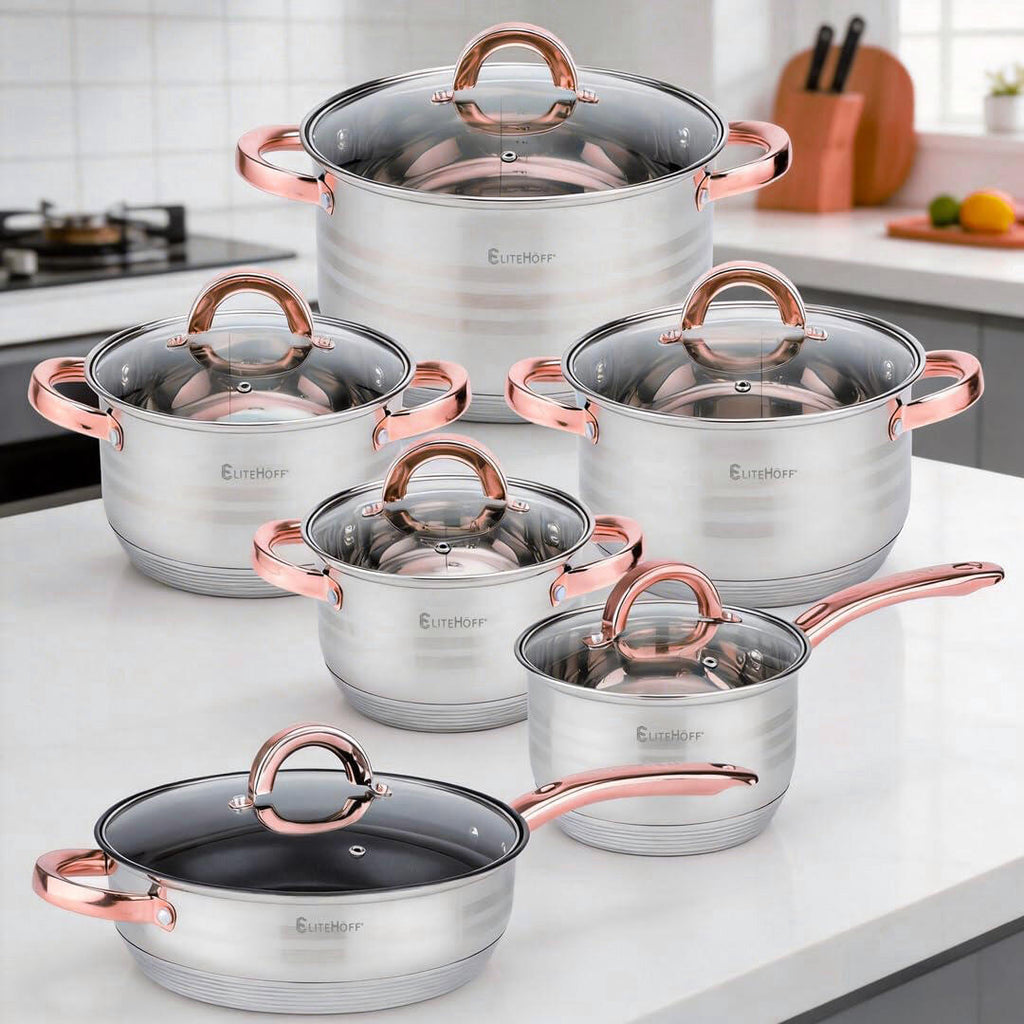 Batería de Cocina Ollas 12 Piezas en Acero Inoxidable con Tapas Apta para Todo Tipo de Cocinas Incluyendo Inducción Rosa
