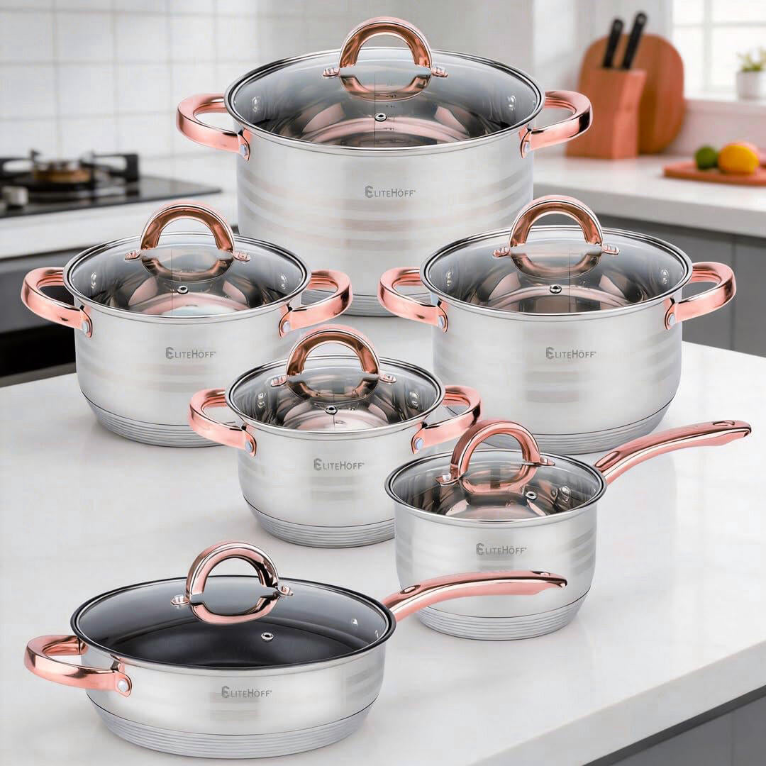 Batería de Cocina Ollas 12 Piezas en Acero Inoxidable con Tapas Apta para Todo Tipo de Cocinas Incluyendo Inducción Rosa