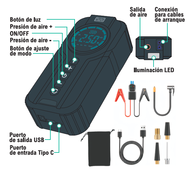 Compresor y arrancador de batería + power bank