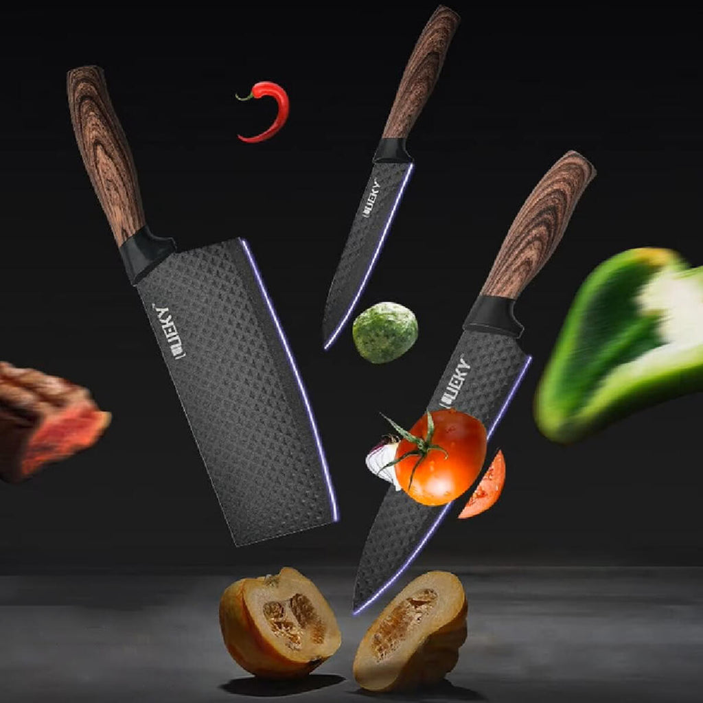 Juego de cuchillos de cocina 6 piezas con pelador y tijeras – Accesorios de cocina negro afilado