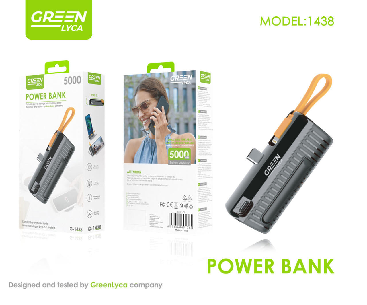 Mini Banco de Energía Ultra Compacto 5000mAh Negro con Cable Integrado