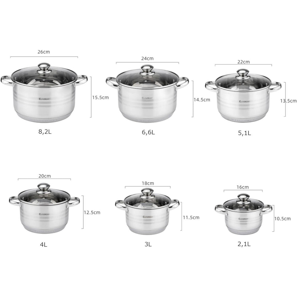 Batería de Cocina Ollas 12 Piezas en Acero Inoxidable con Tapas Apta para Todo Tipo de Cocinas