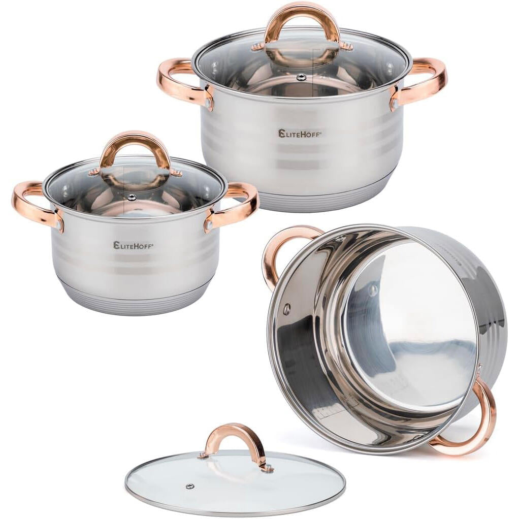 Batería de Cocina 12 Piezas, Juego de ollas en Acero Inoxidable con Tapas Apta para Todo Tipo de Cocinas Incluyendo Inducción