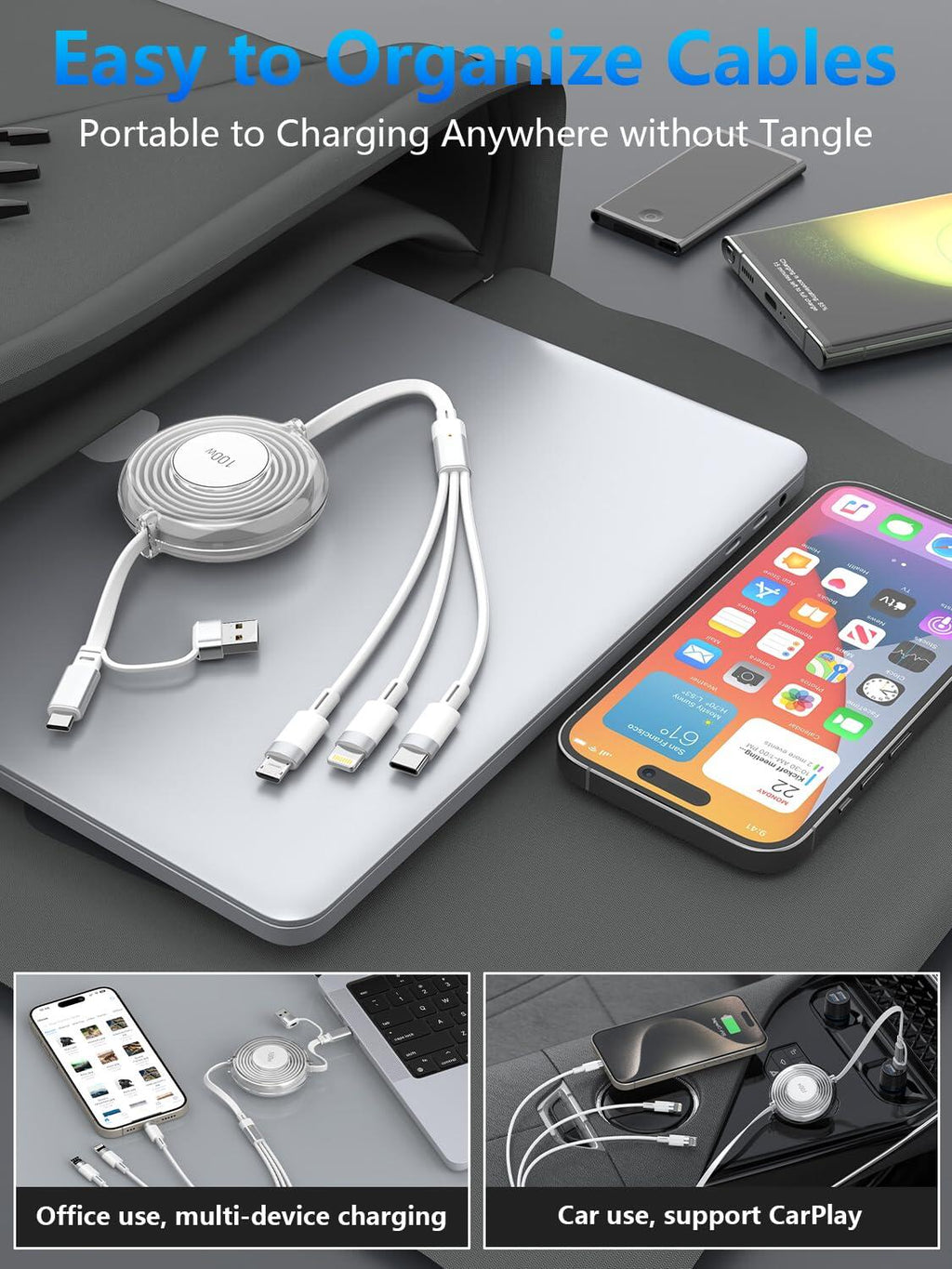 Multi Charging Cable 3 en 1 Retráctil – 100W Carga Rápida USB-C
