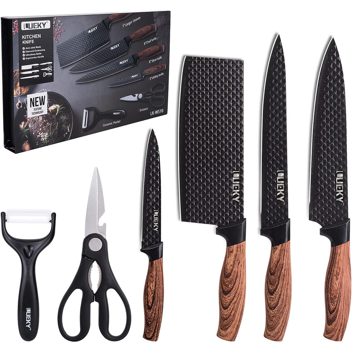 Juego de cuchillos de cocina 6 piezas con pelador y tijeras – Accesorios de cocina negro afilado