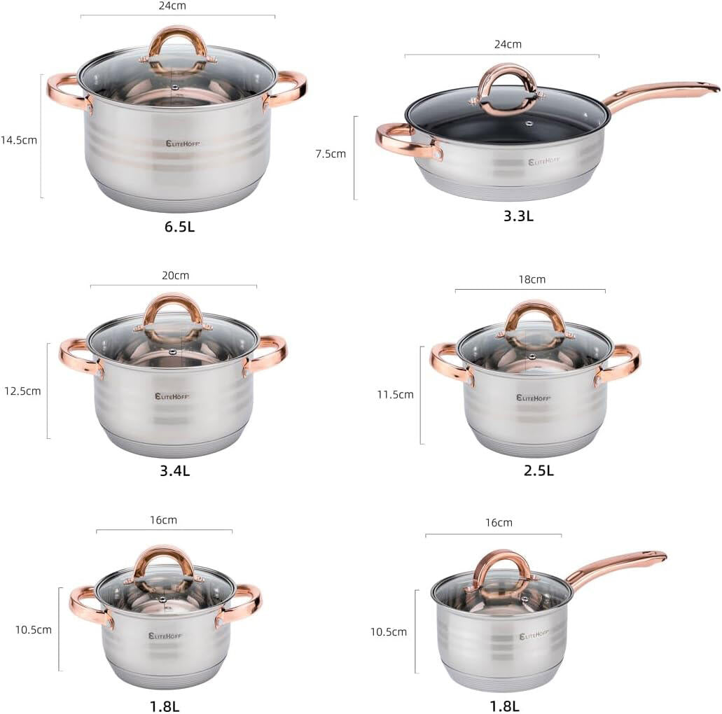 Batería de Cocina 12 Piezas, Juego de ollas en Acero Inoxidable con Tapas Apta para Todo Tipo de Cocinas Incluyendo Inducción