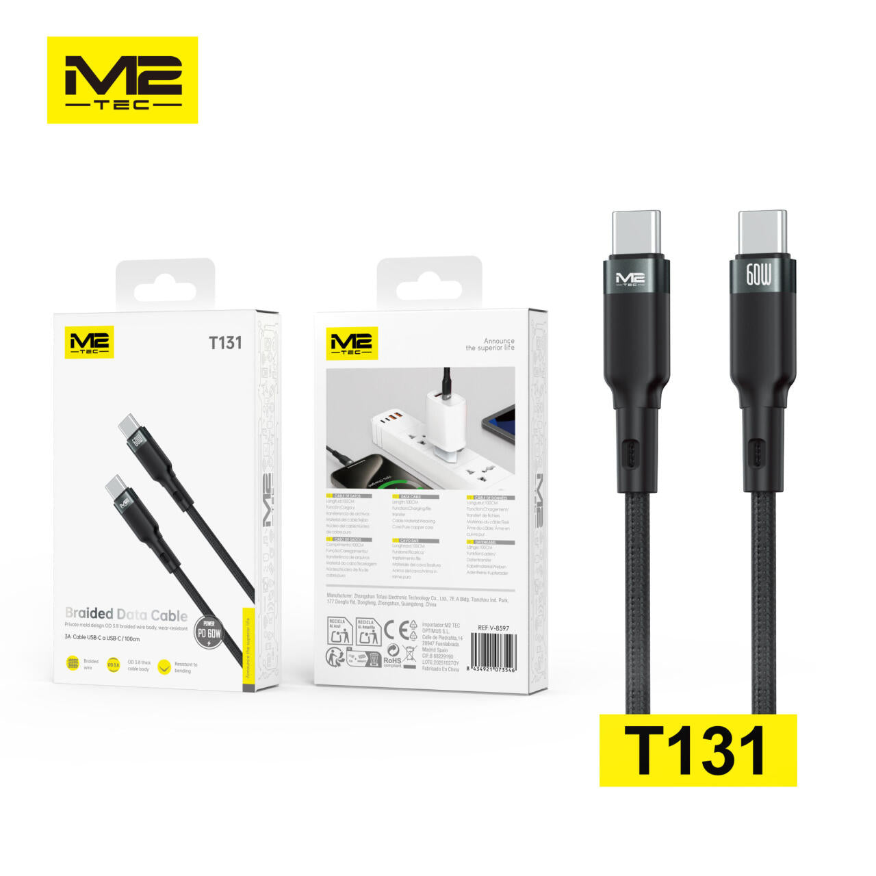 Cable USB-C a USB-C, 60W, 1M, M2TEC
