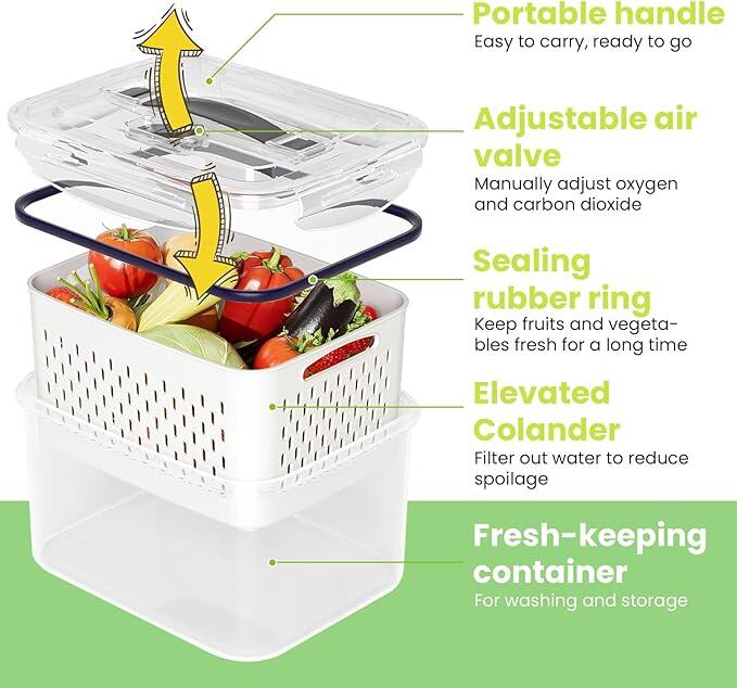 Set 4 Recipiente de Almacenamiento Fresco con Colador y Tapa Hermética Cocina - Conservación Prolongada de Alimentos