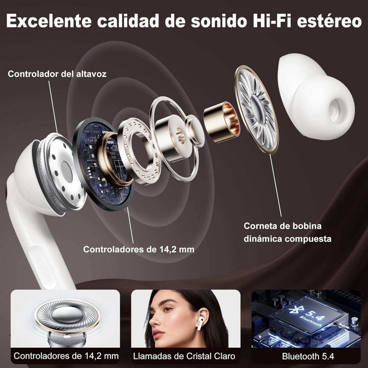 Auriculares Bluetooth 5,4 con Pantalla Táctil Cancelación de Ruido ANC+ENC, IPX7 Impermeables, Blanco