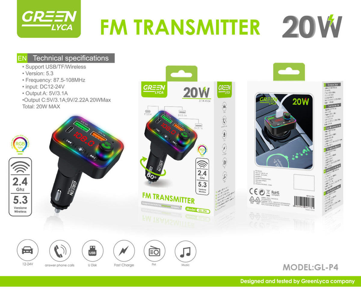 Cargador de coche P4 con puertos 2 UBS y tipo C, FM, Green Lyca G-1234