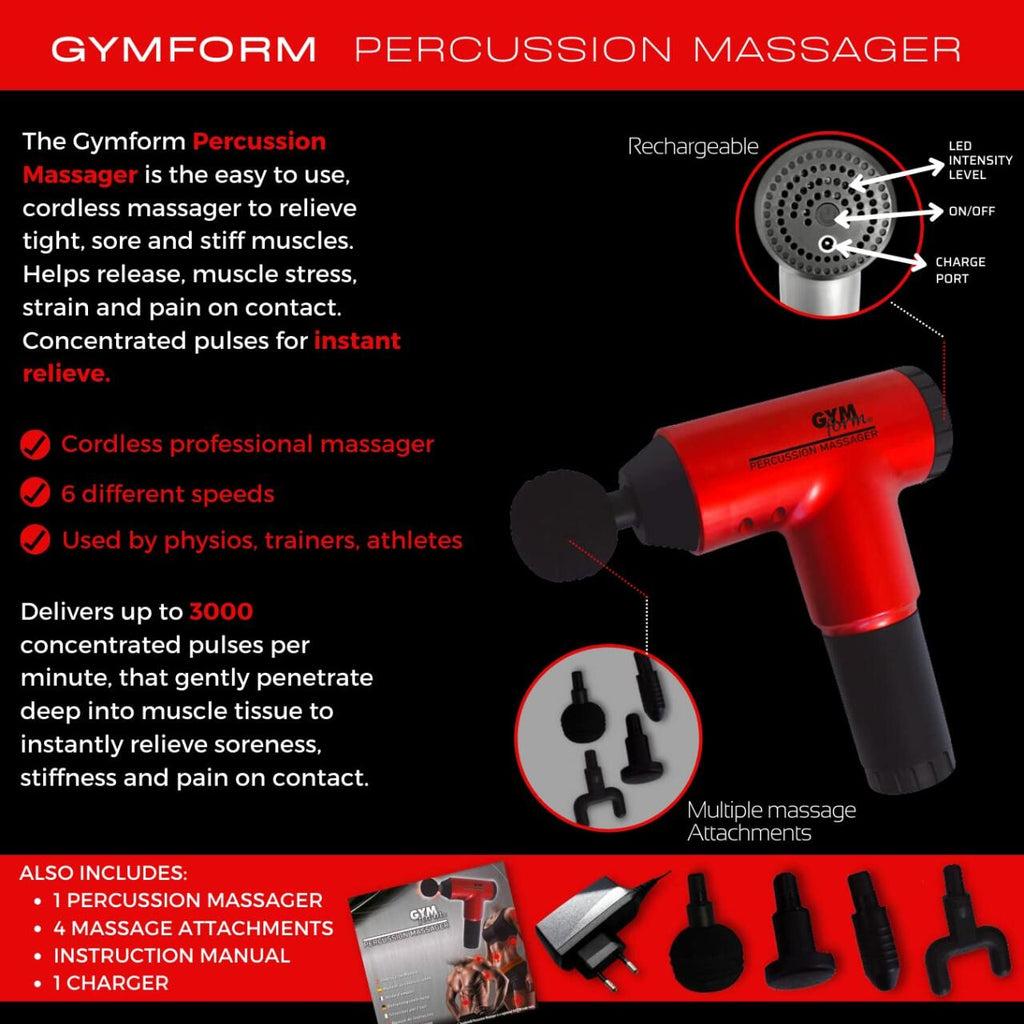 Pistola inalámbrica de masaje profesional que elimina la rigidez muscular con tecnología de percusión profunda.