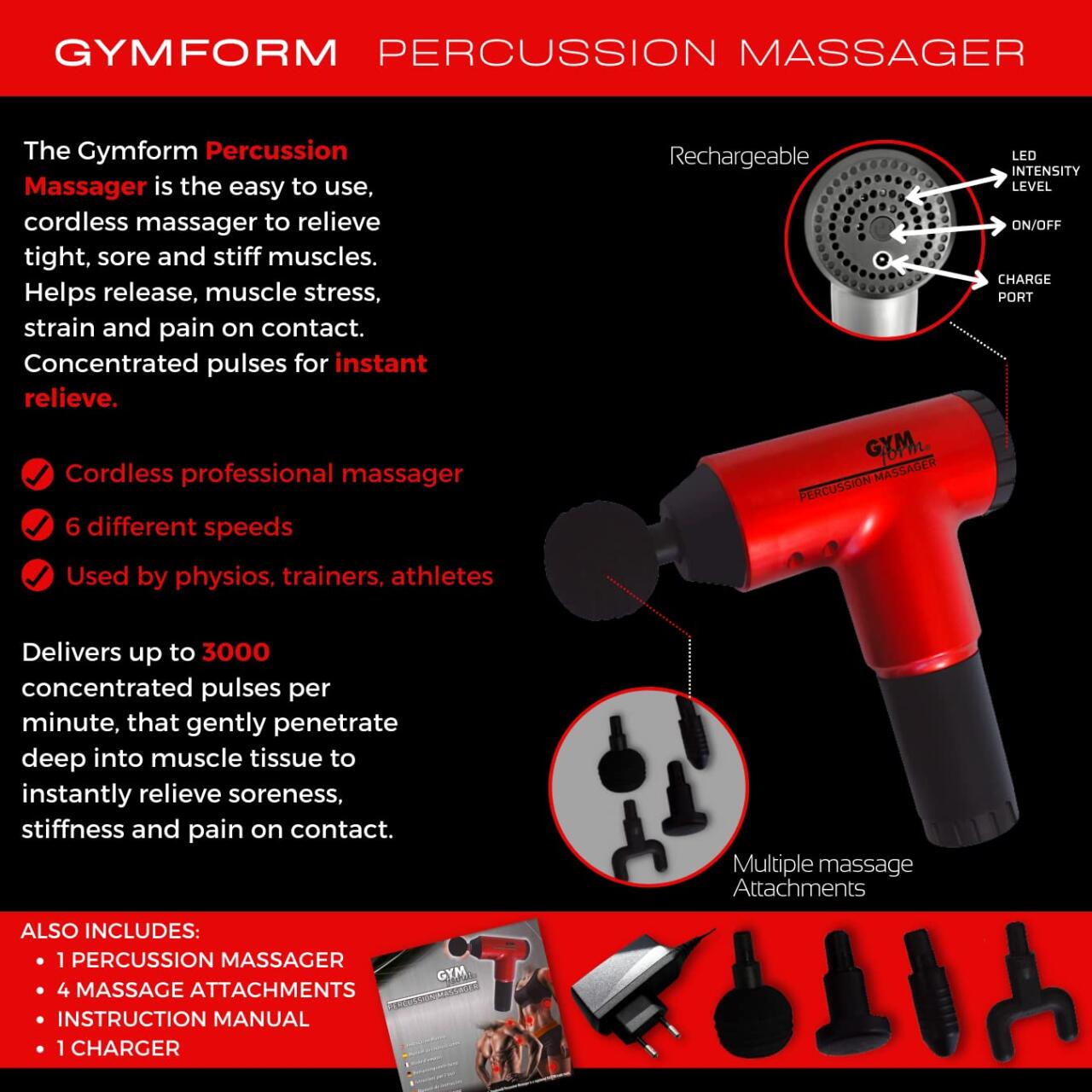 Pistola inalámbrica de masaje profesional que elimina la rigidez muscular con tecnología de percusión profunda.
