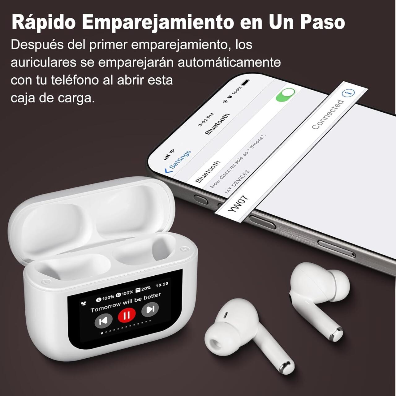 Auriculares Bluetooth 5,4 con Pantalla Táctil Cancelación de Ruido ANC+ENC, IPX7 Impermeables, Blanco