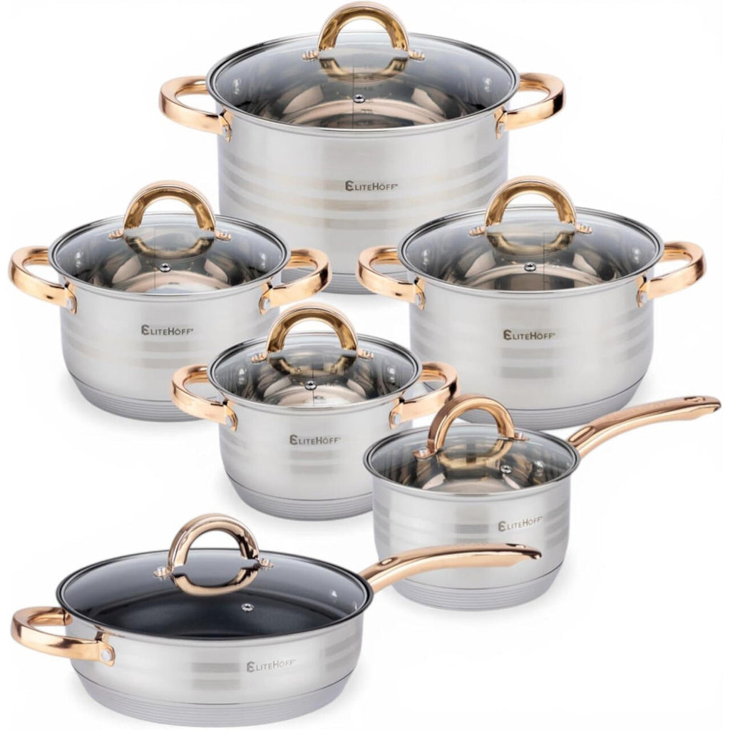 Batería de Cocina 12 Piezas, Juego de ollas en Acero Inoxidable con Tapas Apta para Todo Tipo de Cocinas Incluyendo Inducción