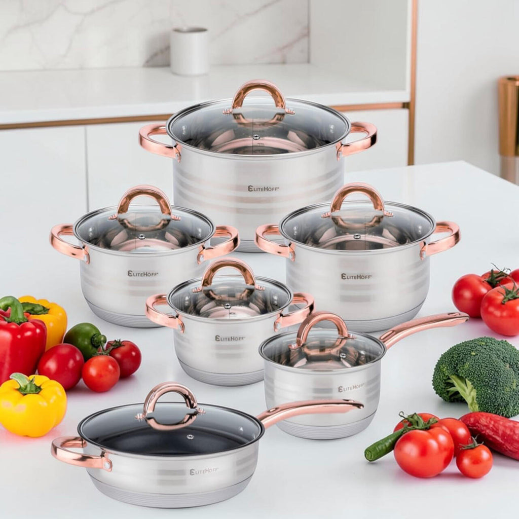 Batería de Cocina Ollas 12 Piezas en Acero Inoxidable con Tapas Apta para Todo Tipo de Cocinas Incluyendo Inducción Rosa