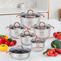 Batería de Cocina Ollas 12 Piezas en Acero Inoxidable con Tapas Apta para Todo Tipo de Cocinas Incluyendo Inducción Rosa