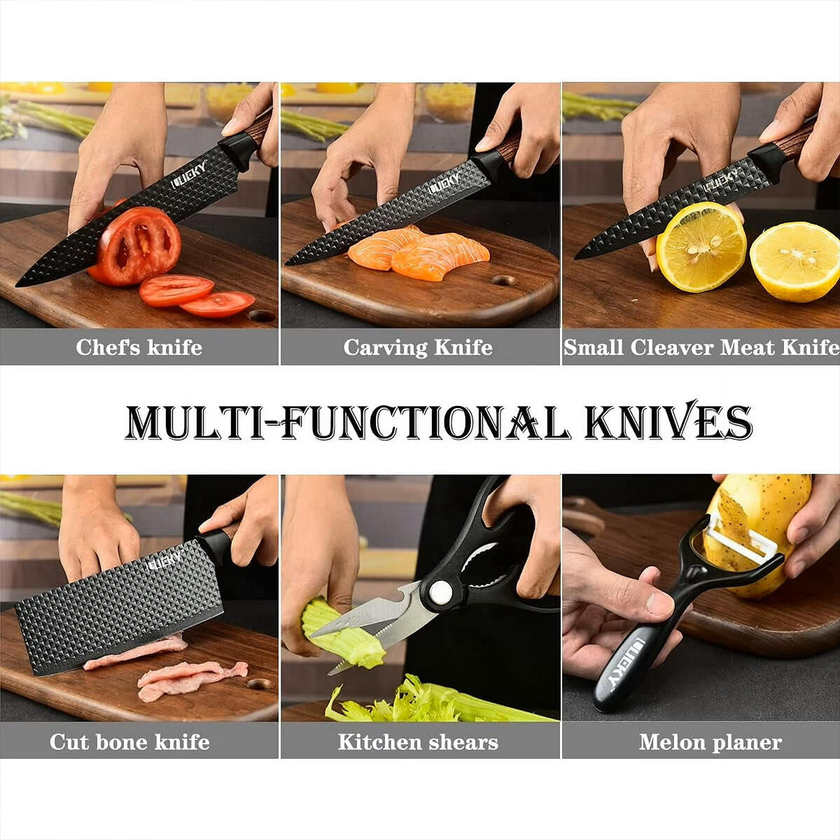 Juego de cuchillos de cocina 6 piezas con pelador y tijeras – Accesorios de cocina negro afilado