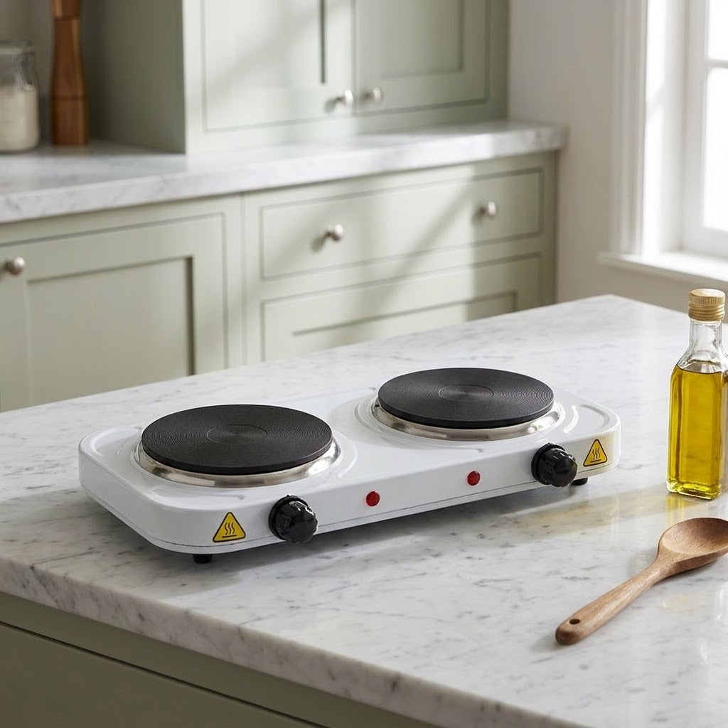 Cocina eléctrica portátil de 2 placas sobre encimera de mármol