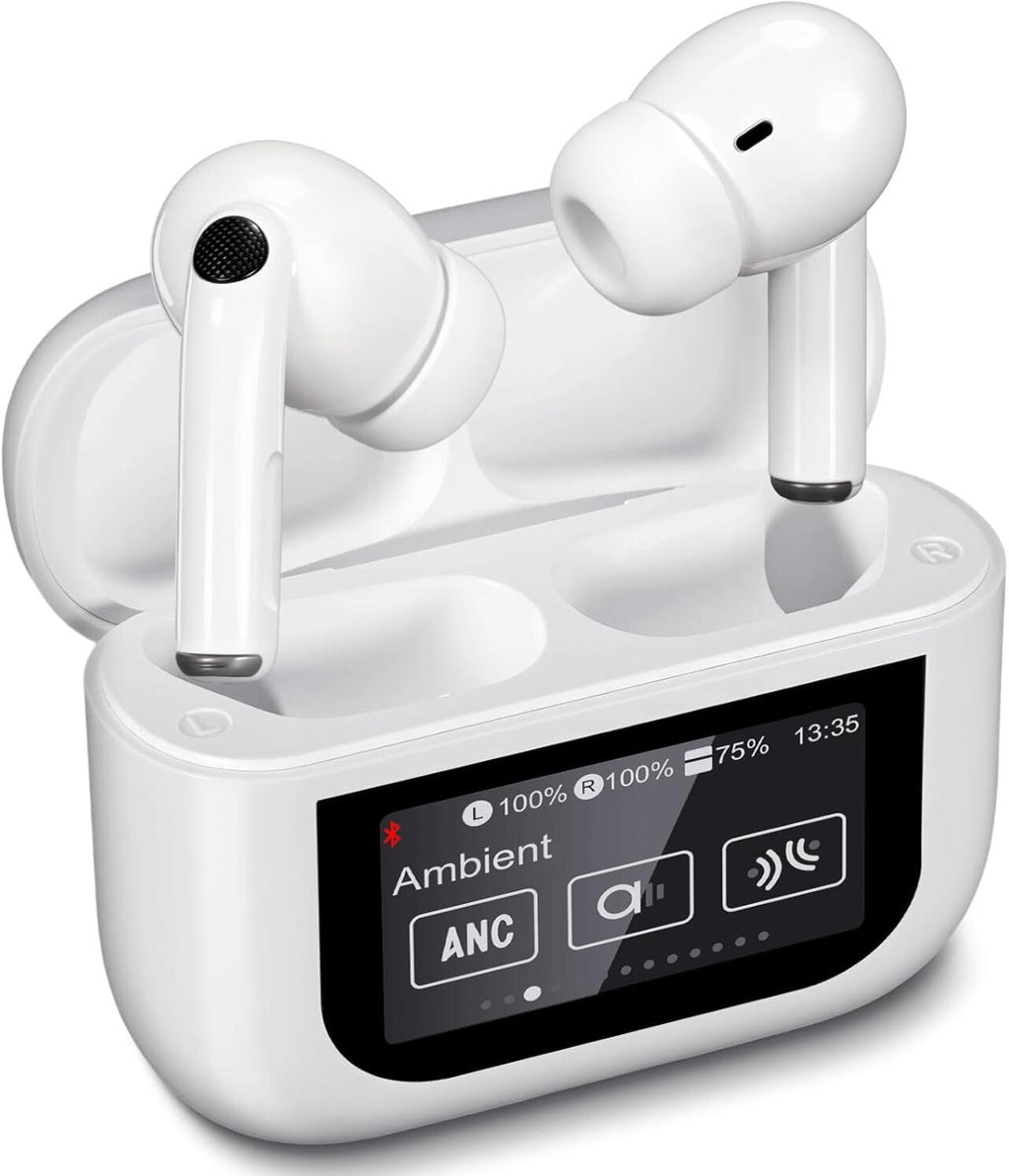 Auriculares Bluetooth 5,4 con Pantalla Táctil Cancelación de Ruido ANC+ENC, IPX7 Impermeables, Blanco