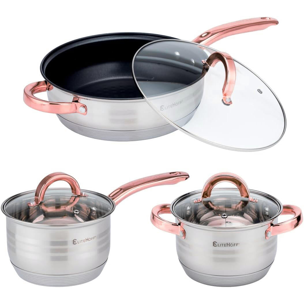 Batería de Cocina Ollas 12 Piezas en Acero Inoxidable con Tapas Apta para Todo Tipo de Cocinas Incluyendo Inducción Rosa