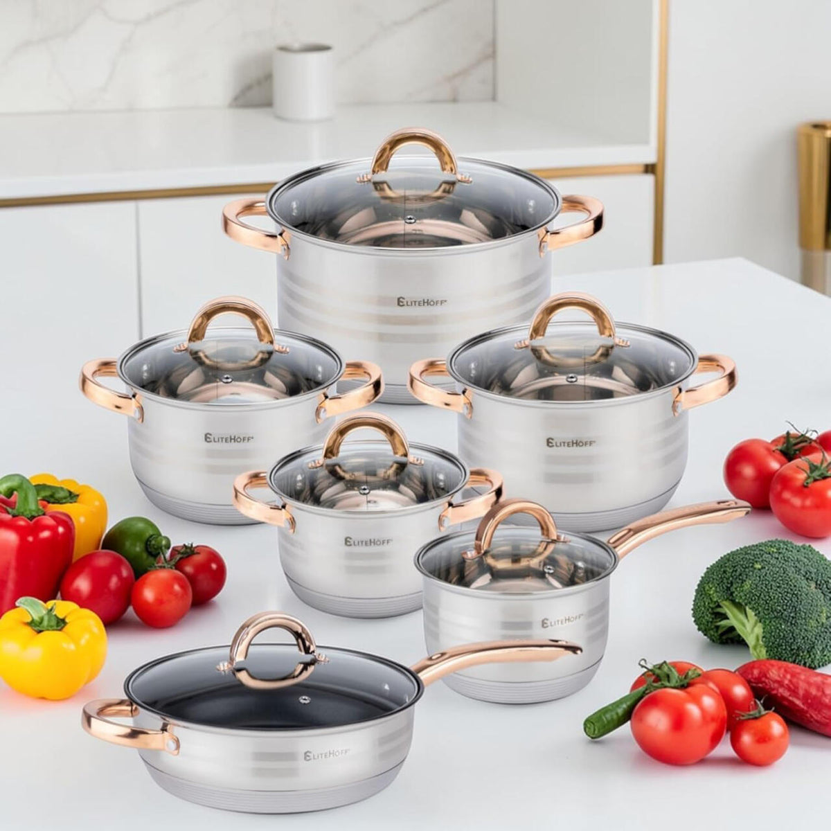 Batería de Cocina 12 Piezas, Juego de ollas en Acero Inoxidable con Tapas Apta para Todo Tipo de Cocinas Incluyendo Inducción