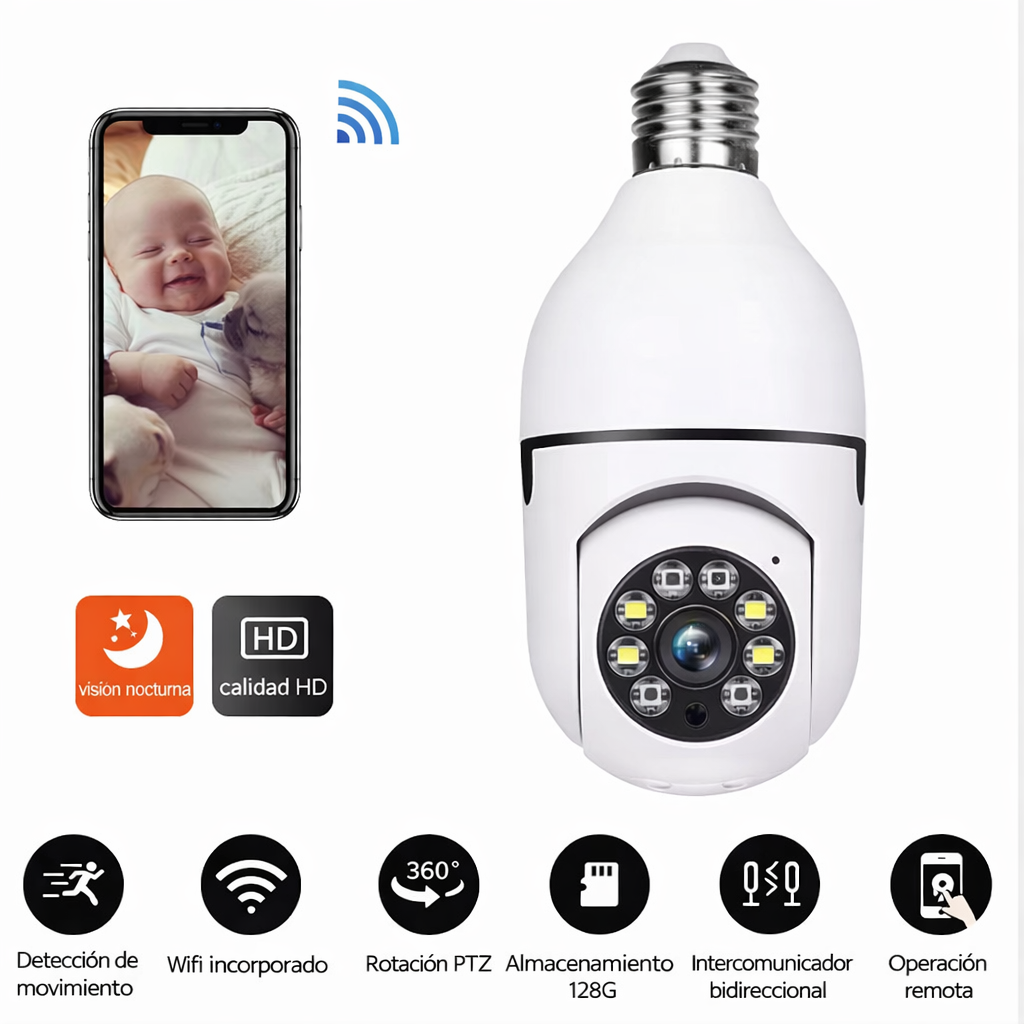 Cámara de Seguridad WiFi Tipo Bombilla 360° HD con Visión Nocturna
