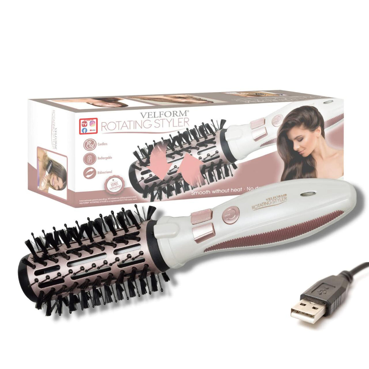 Cepillo giratorio recargable para alisar, dar volumen y brillo al cabello