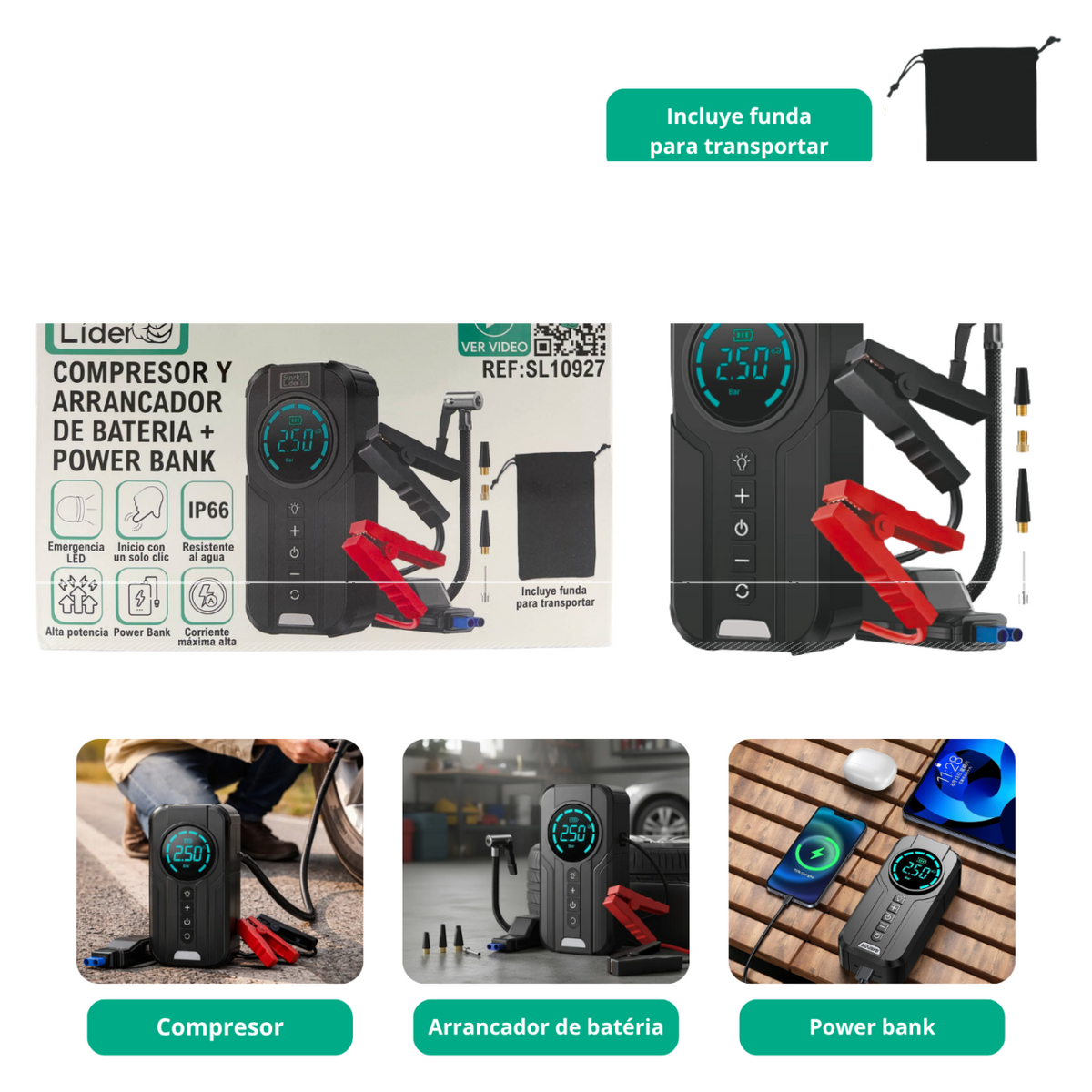 Compresor y arrancador de batería + power bank
