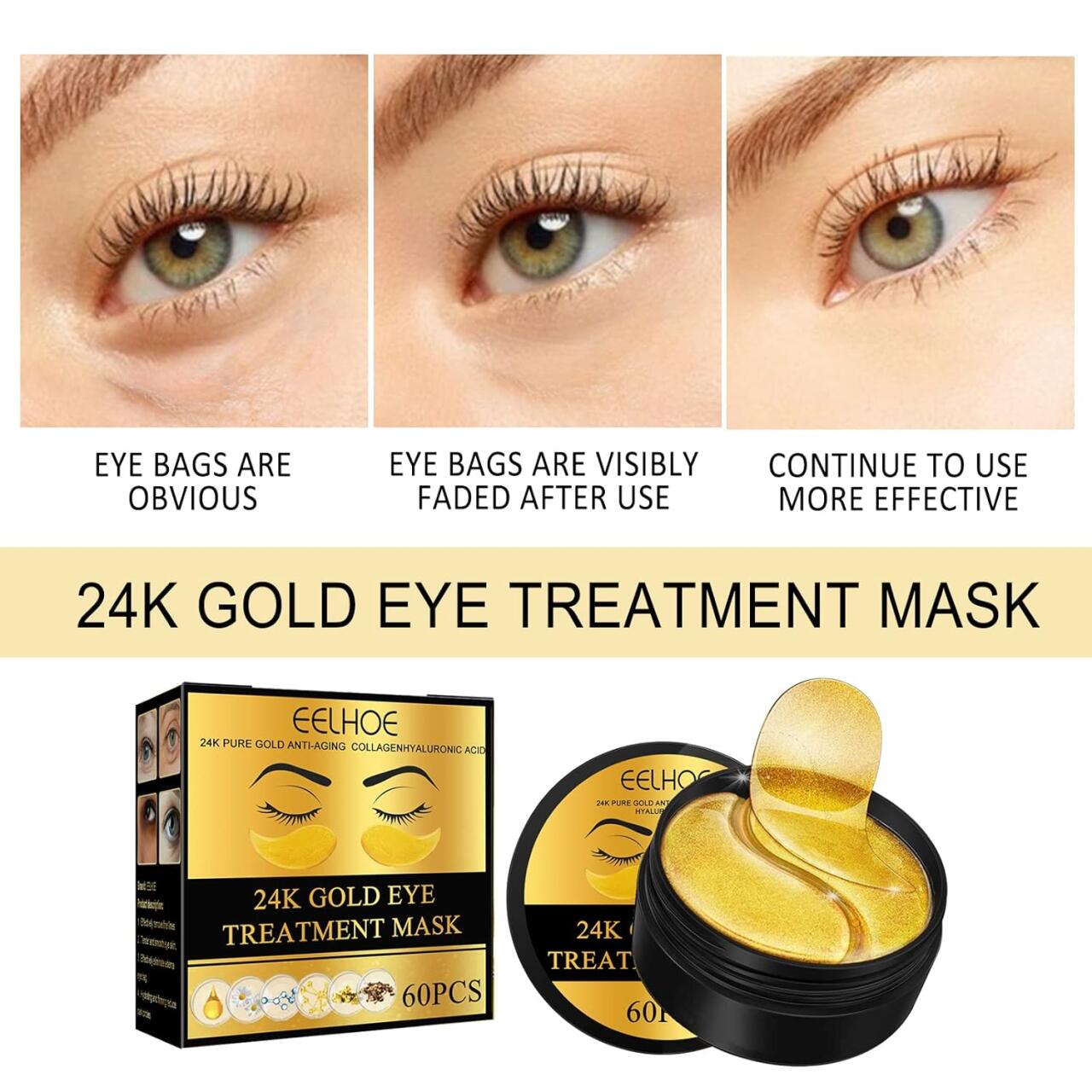 EELHOE Parches de Oro 24K para Ojos – 60 Pcs