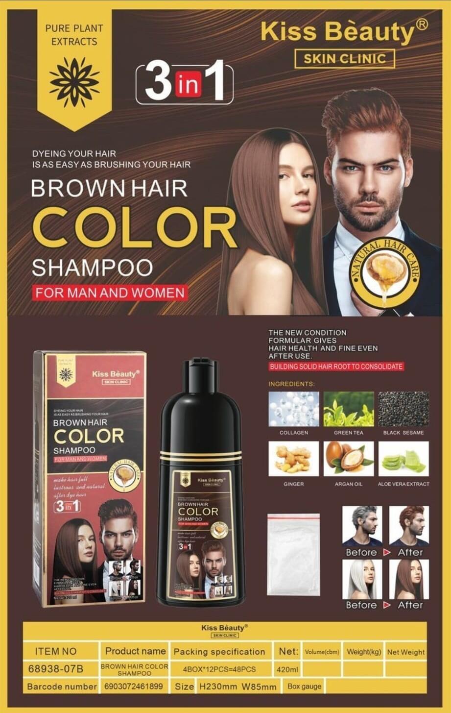 Champu 3 en 1 Castaño Medio Unisex 420ml. Kiss Beauty
