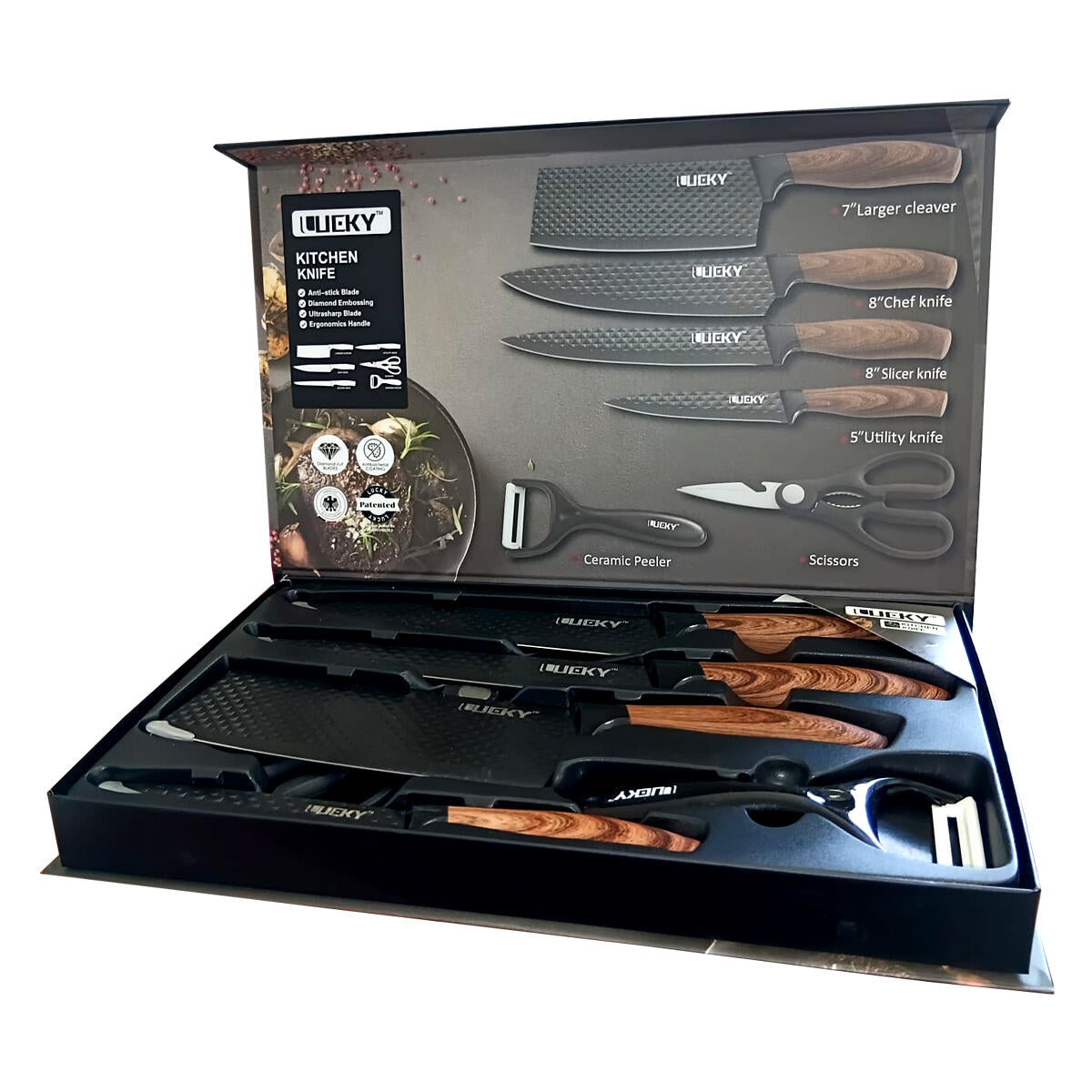 Juego de cuchillos de cocina 6 piezas con pelador y tijeras – Accesorios de cocina negro afilado