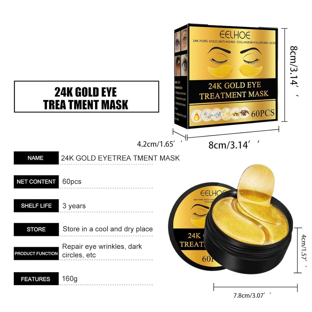 EELHOE Parches de Oro 24K para Ojos – 60 Pcs