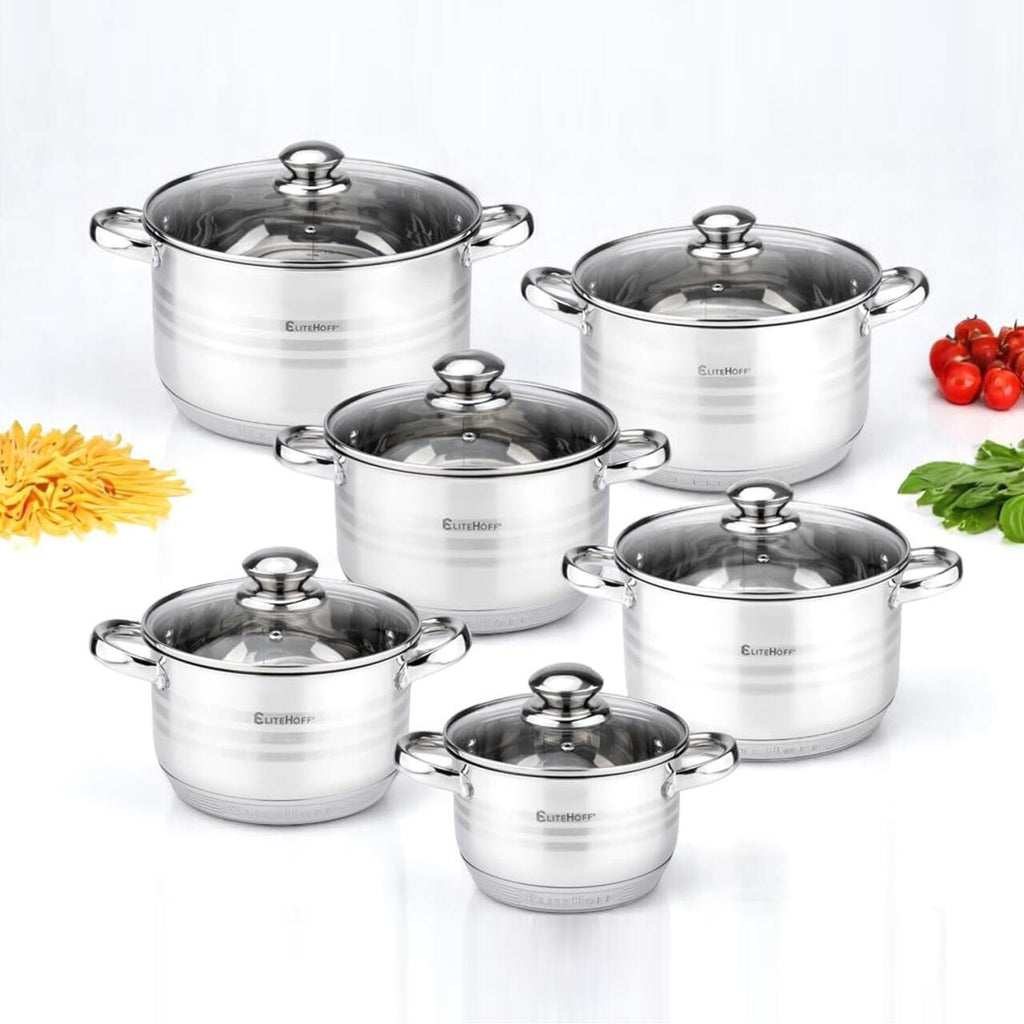 Batería de Cocina Ollas 12 Piezas en Acero Inoxidable con Tapas Apta para Todo Tipo de Cocinas