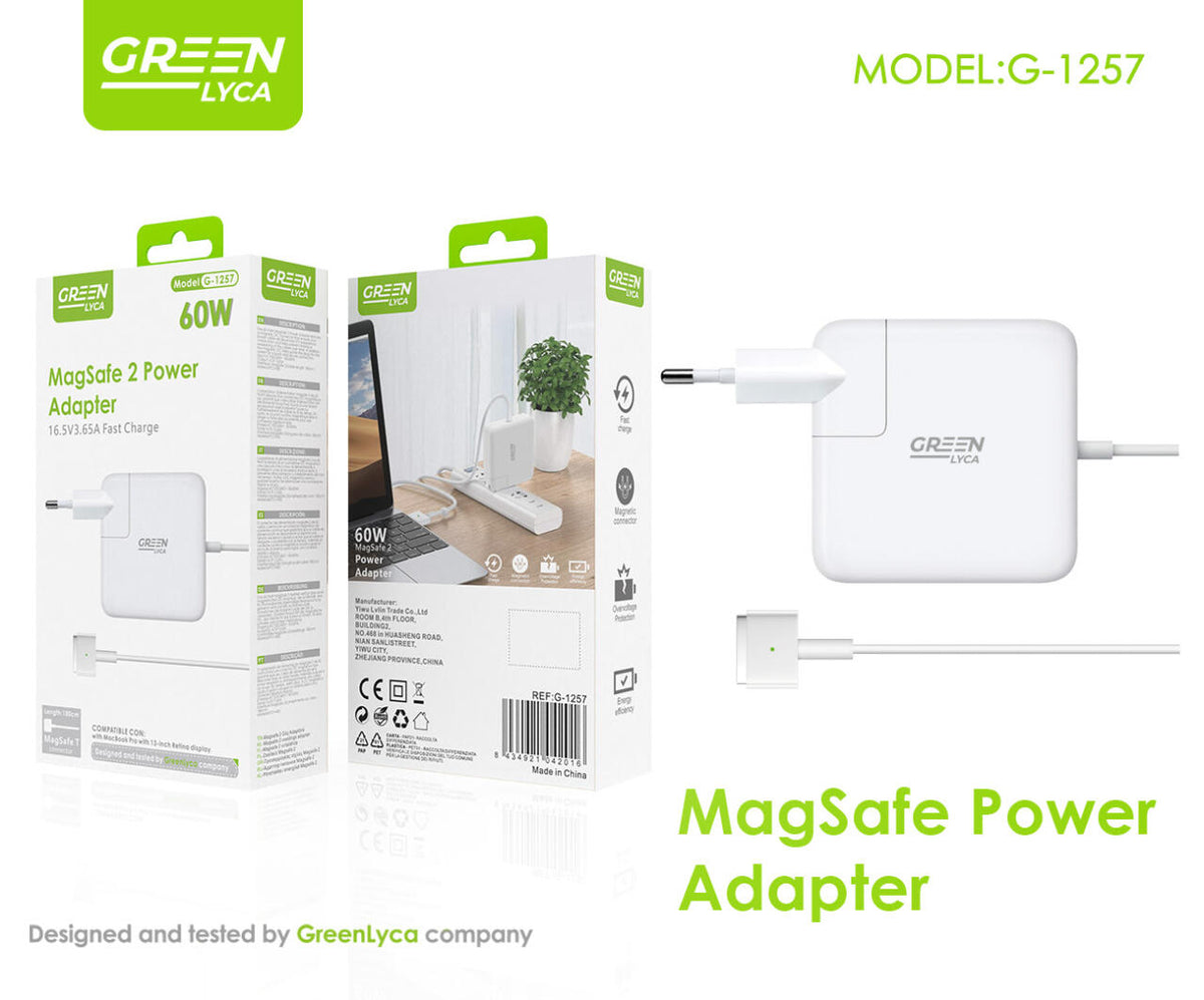 Cargador MagSafe T-Tip, 60 W, 16.5v3. 65A, MacBook pro, Green Lyca