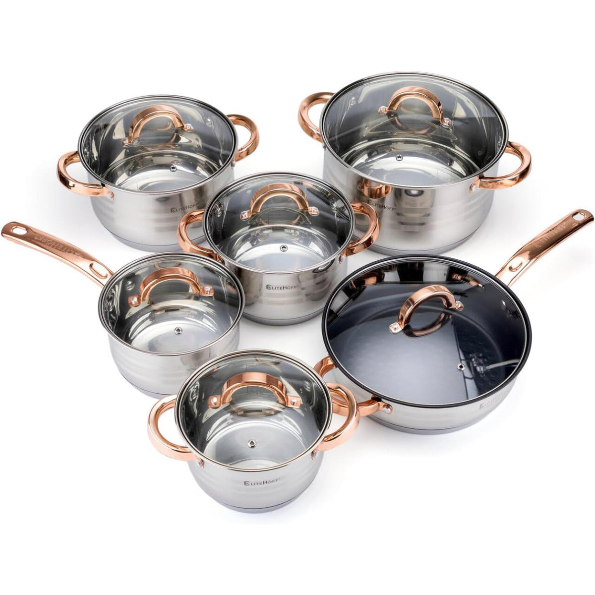 Batería de Cocina 12 Piezas, Juego de ollas en Acero Inoxidable con Tapas Apta para Todo Tipo de Cocinas Incluyendo Inducción
