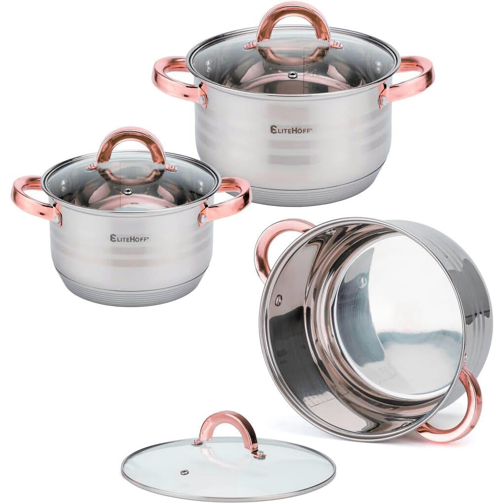 Batería de Cocina Ollas 12 Piezas en Acero Inoxidable con Tapas Apta para Todo Tipo de Cocinas Incluyendo Inducción Rosa
