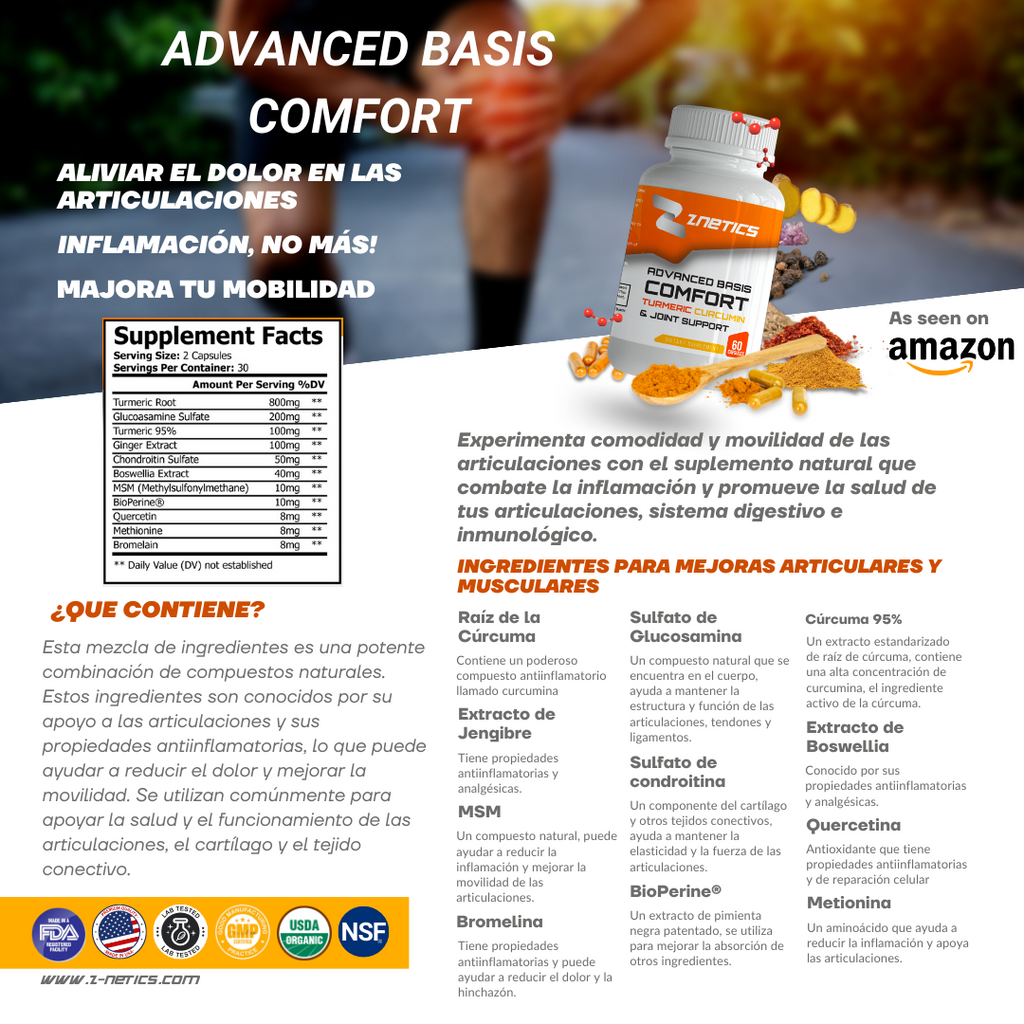 ZNETICS Advanced Basis Comfort Turmeric Joint Support - Extracto de Cúrcuma y Complex Para Ligamentos y Articulaciones.