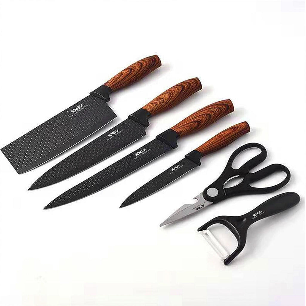 Juego de cuchillos de cocina 6 piezas con pelador y tijeras – Accesorios de cocina negro afilado